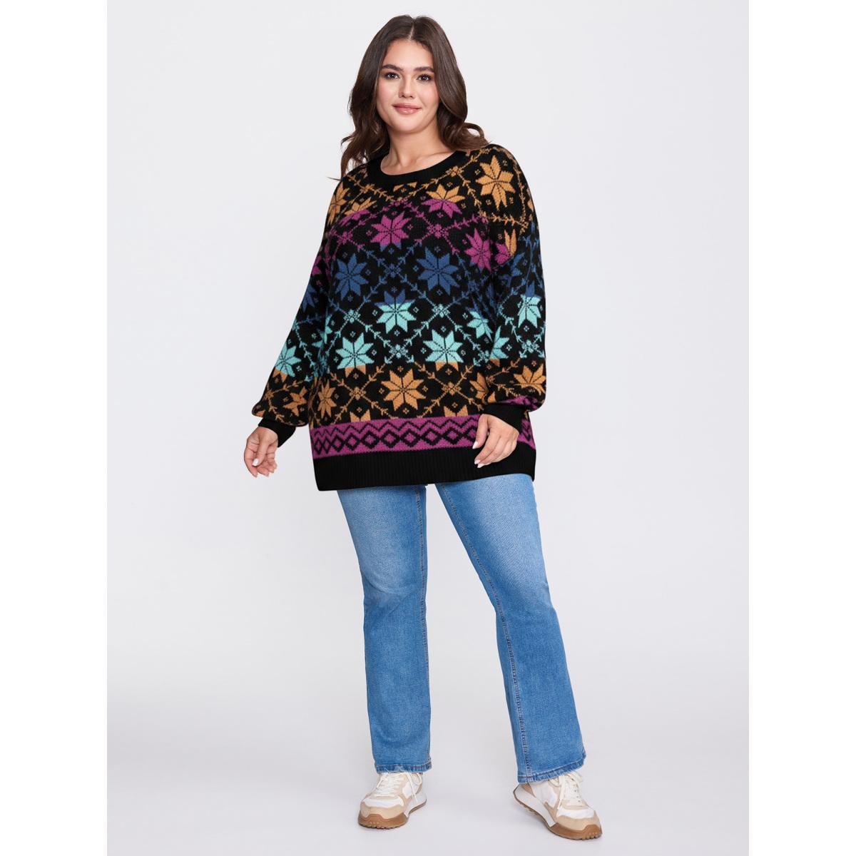 Plus Size Color Gradient Snowflake Pattern Pullover Black Women Playful Loose Long Sleeve Round Neck Casual Pullovers BloomChic 30/6X Product Image