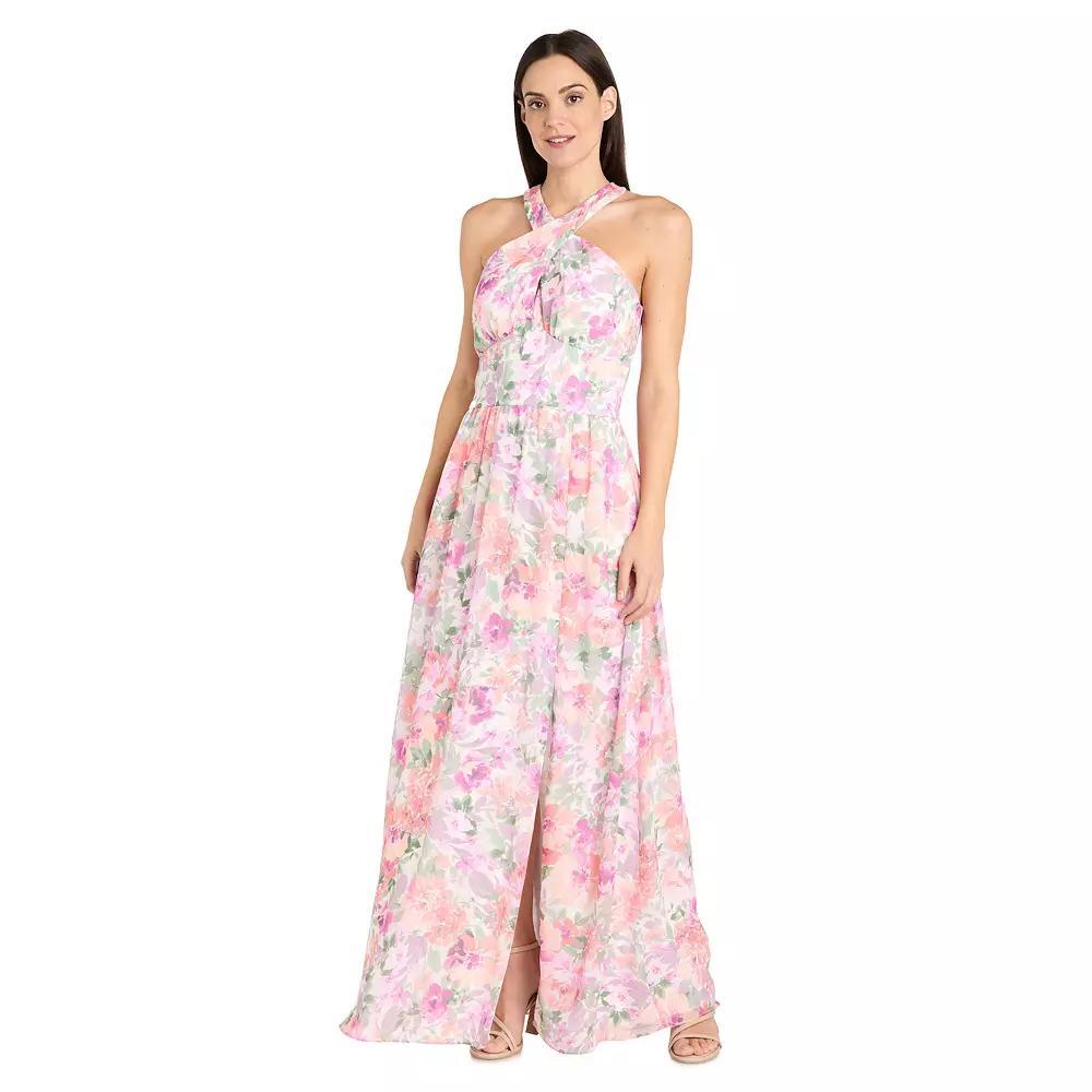 Women's R&M Richards Chiffon Crisscross Halter Maxi Dress, Size: 6, Ivory Blossom Product Image
