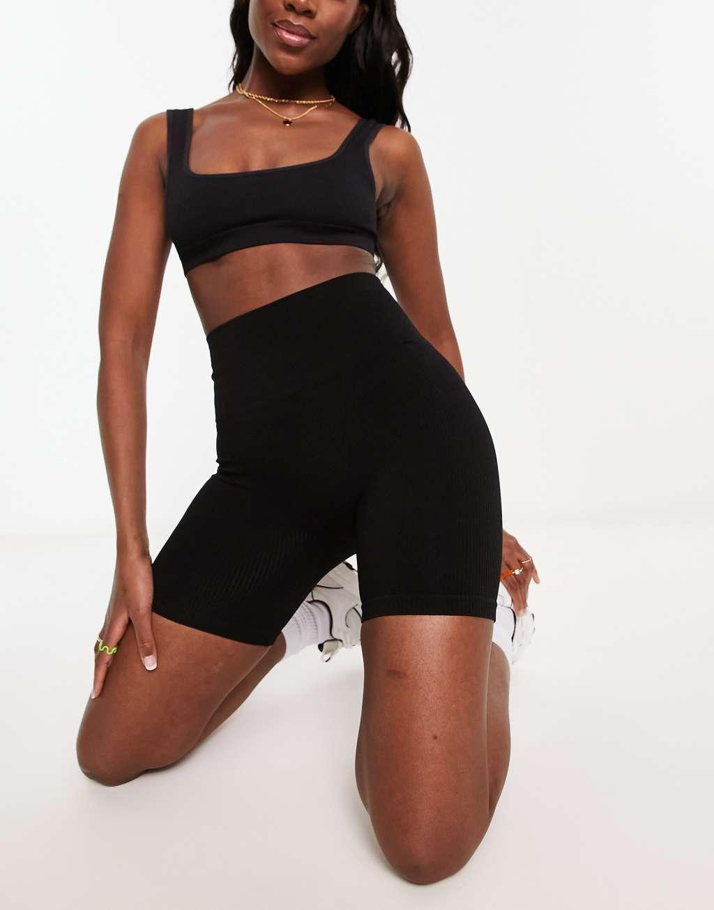 Stradivarius seamless ribbed shorts in black  Product Image