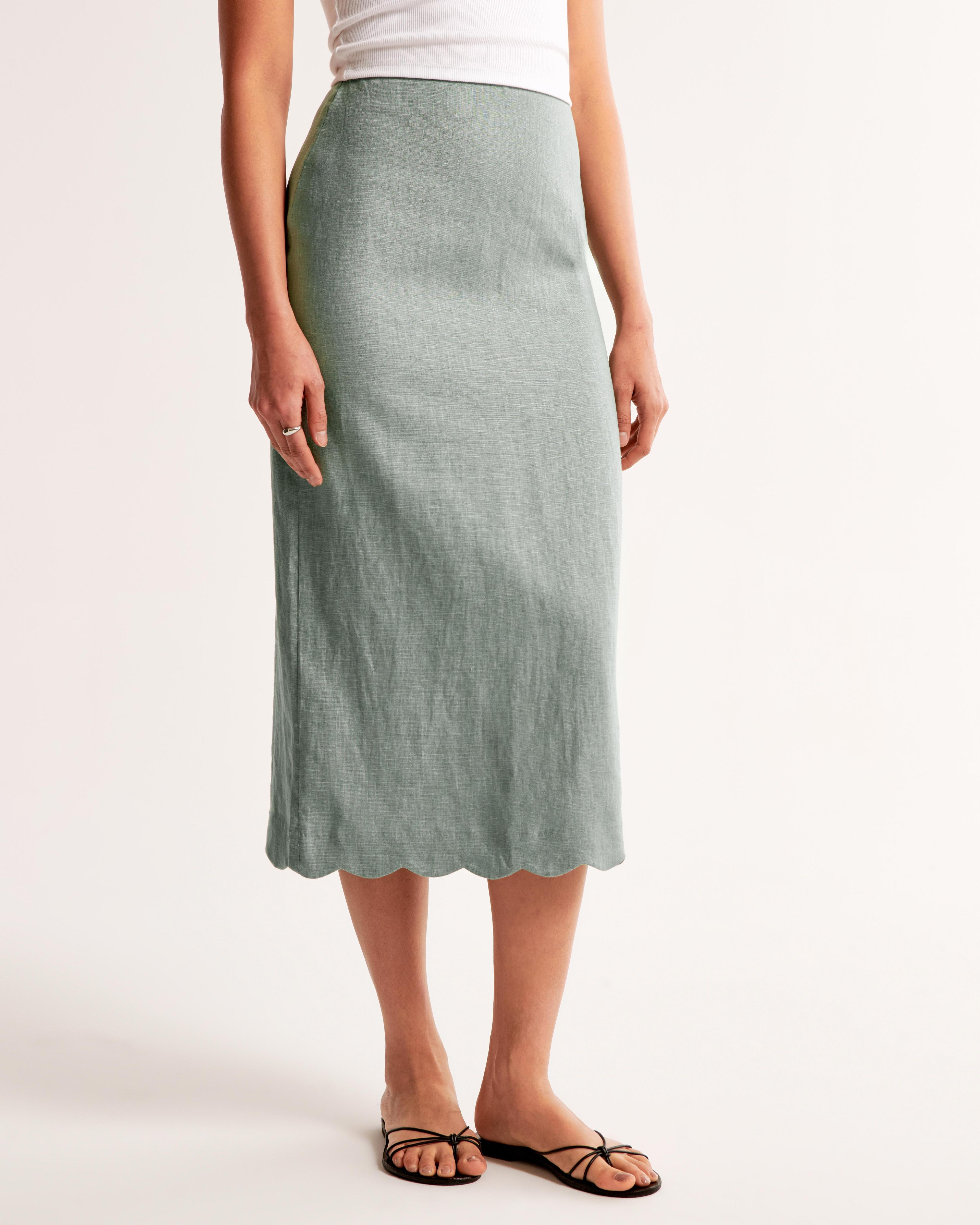 Premium Linen Scallop-Hem Midi Skirt Product Image