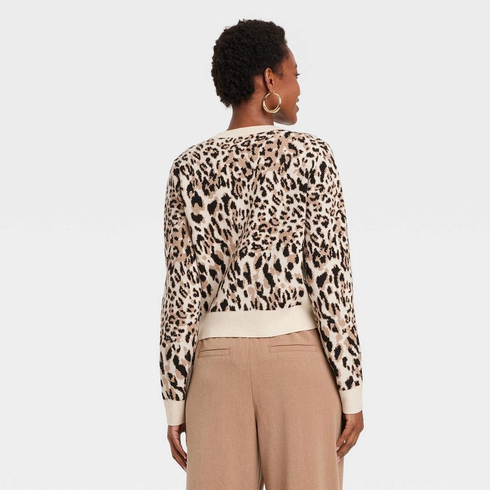 Womens Cozy Knit Cardigan - A New Day Brown Leopard Print XL Product Image