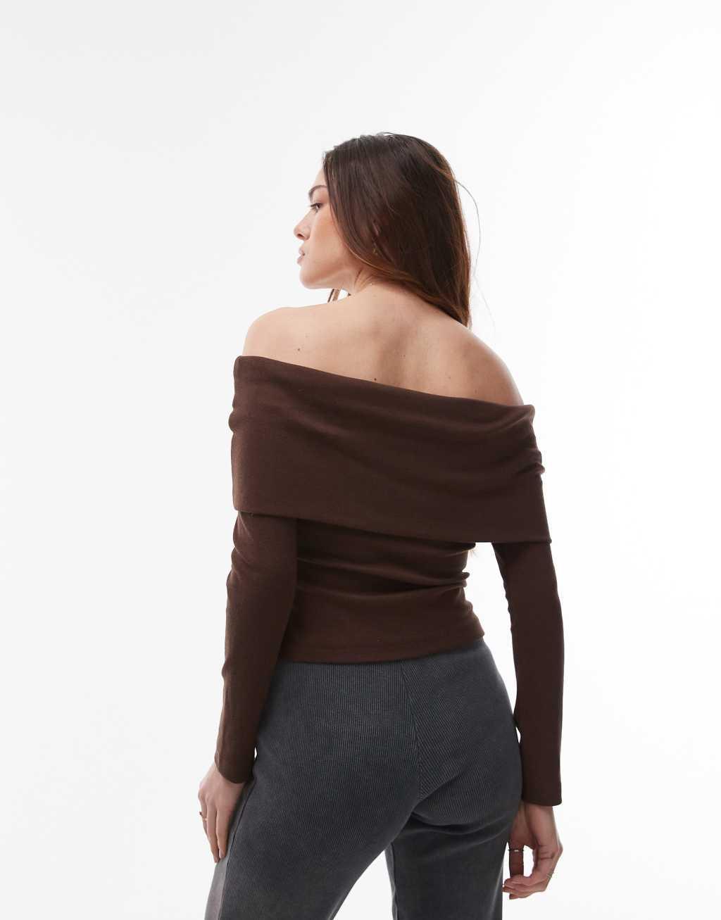 Topshop off the shoulder jersey top in brown Product Image