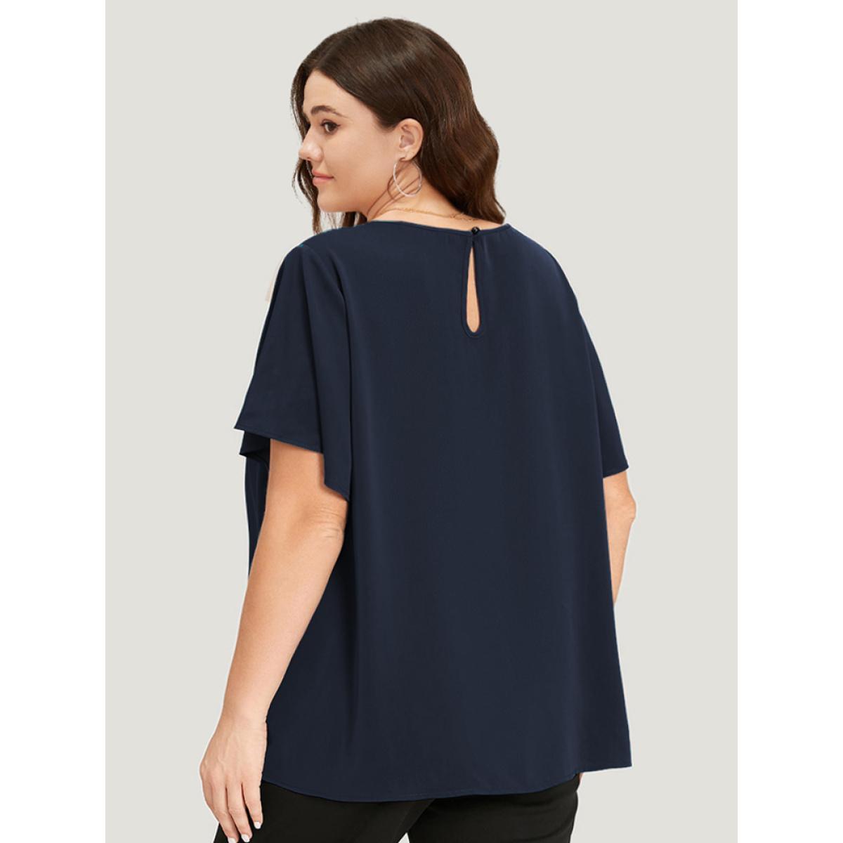Plus Size Indigo Plain Cut Out Flutter Sleeve Pleated Blouse Women Office Short sleeve V-neck Work Blouses BloomChic 26/4X Product Image