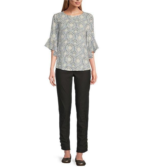 Multiples Slub Knit Georgette Block Multi Scoop Neck 3/4 Flounce Sleeve Fitted Top Product Image