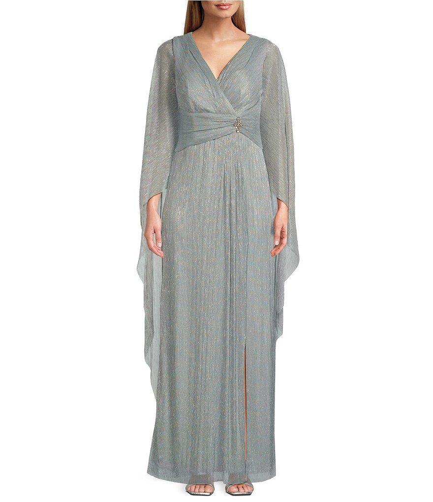 R & M Richards Long Cape Sleeve V-Neck Metallic Knit Dress Product Image