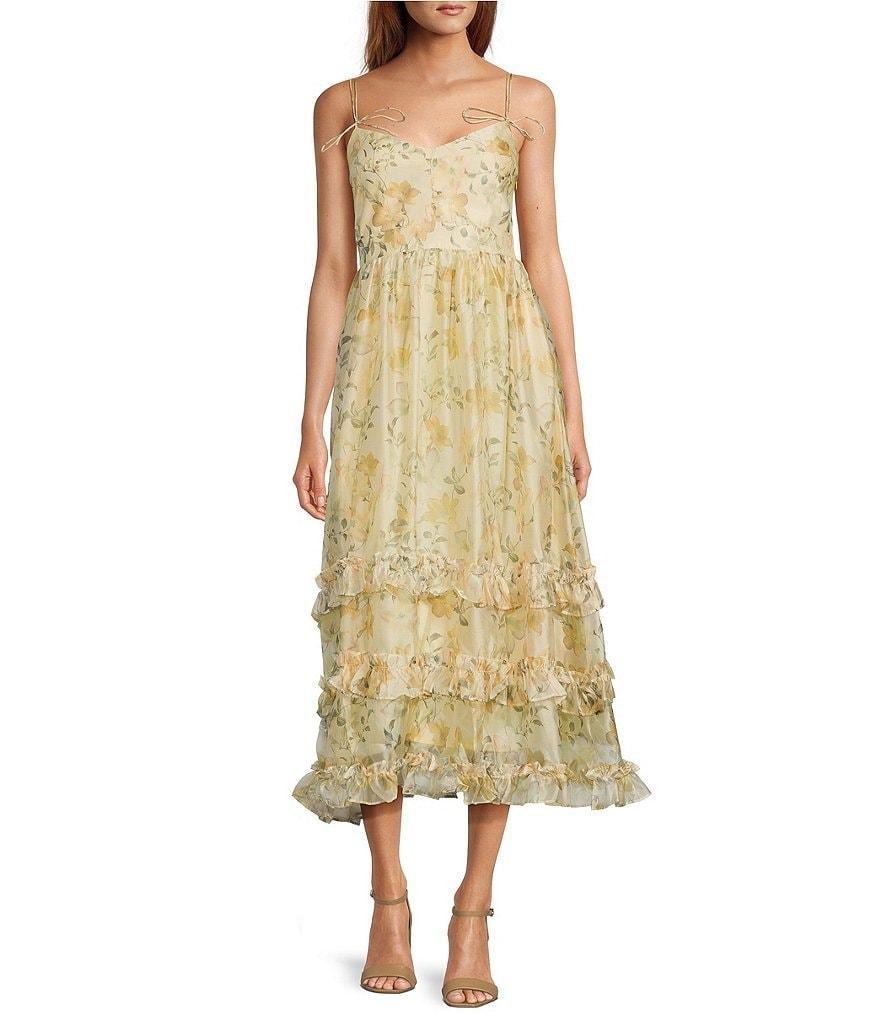 En Saison Elliot Floral Print V-Neck Sleeveless Organza Midi Dress Product Image