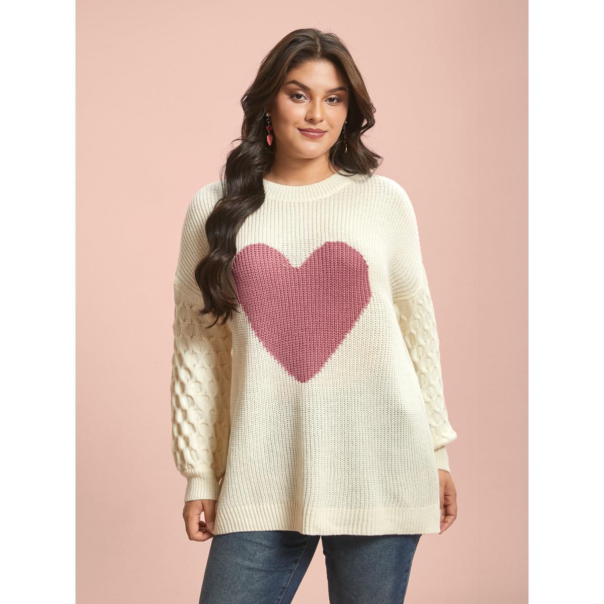 Plus Size Round Neck Heart Cable Knit Pullover Ivory Women Playful Loose Long Sleeve Round Neck Casual Pullovers BloomChic 28/5X Product Image