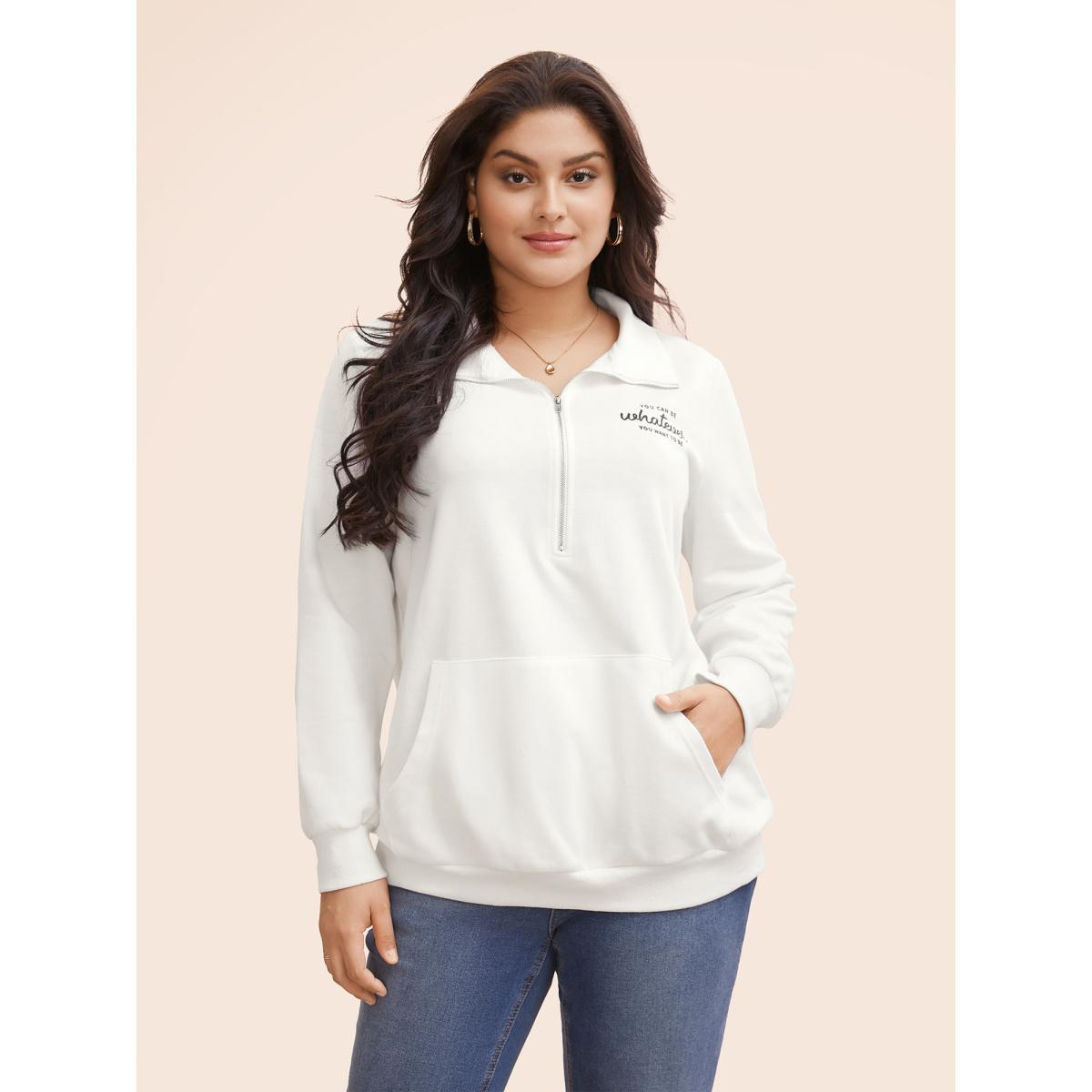 Plus Size Letter Print Half Zip Kangaroo Pocket Sweatshirt Women Originalwhite Elegant Patchwork Polo Everyday Sweatshirts BloomChic 18-20/2X Product Image