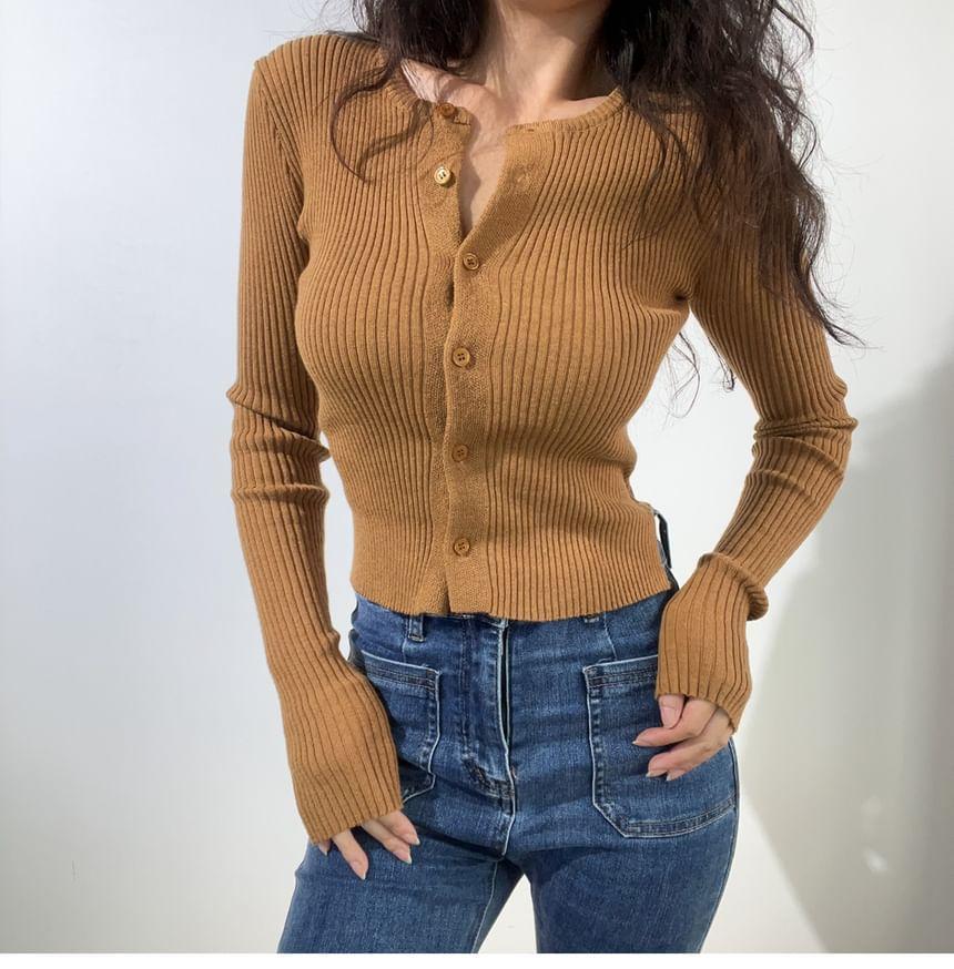 Round Neck Plain Ribbed Cardigan Product Image