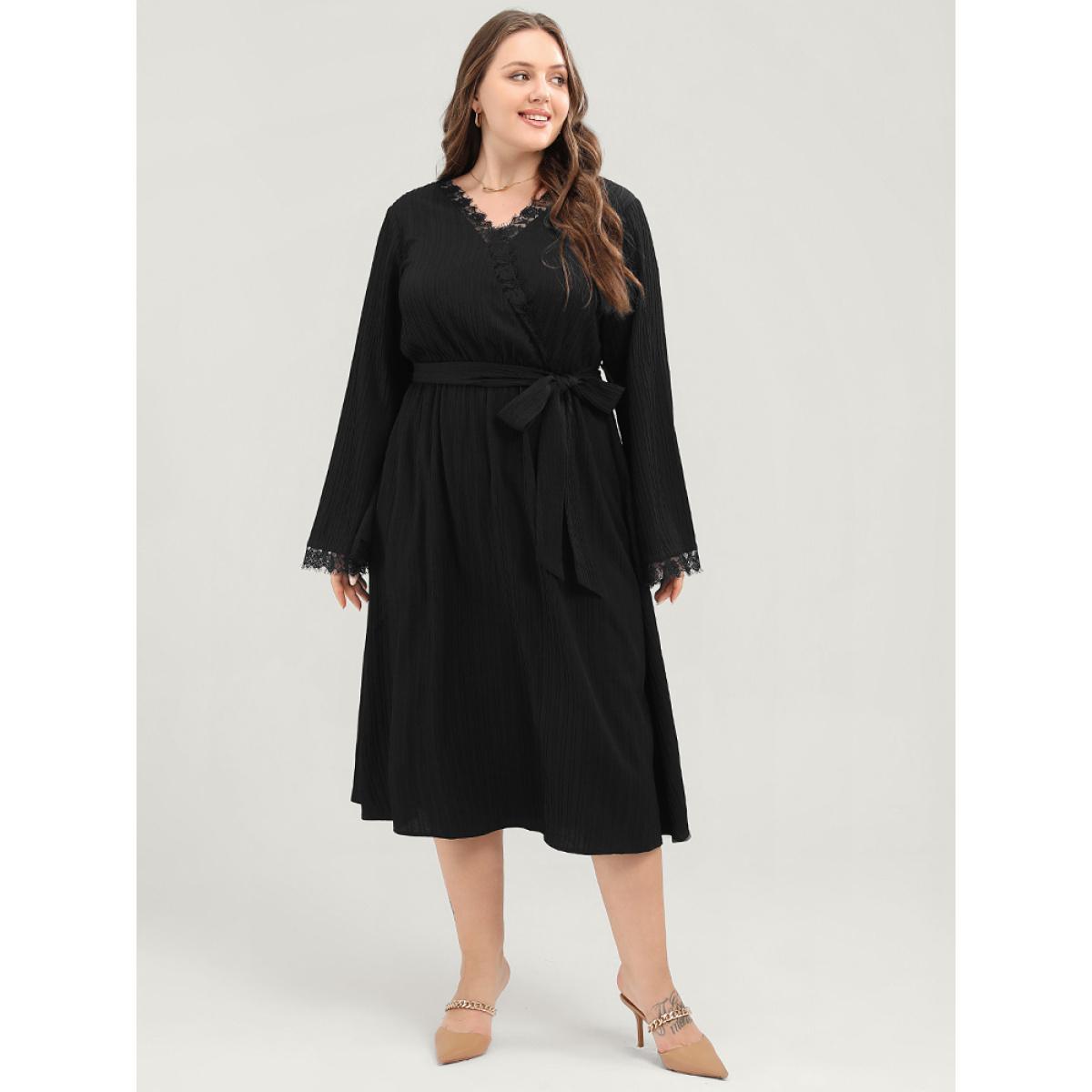Plus Size Solid Textured Bell Sleeve Pocket Contrast Lace Belted Dress Black Women Elegant Lace V-neck Long Sleeve Curvy Midi Dress BloomChic 28/5X Product Image