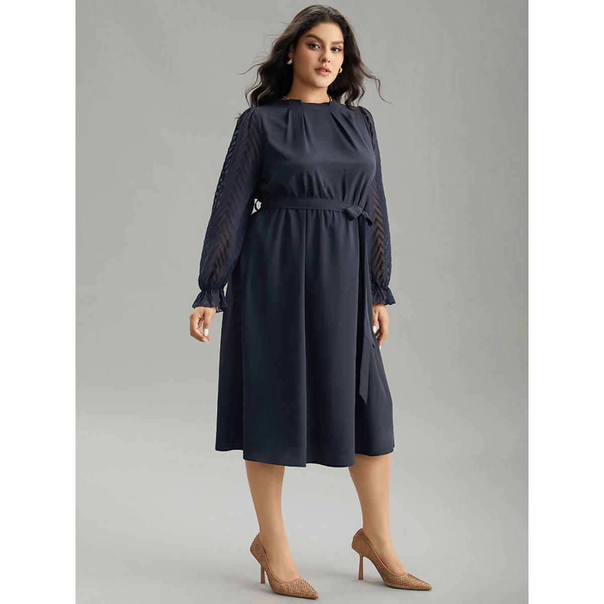 Plus Size Twill Mesh Patchwork Belted Plicated Detail Dress DarkBlue Women Elegant Texture Mock Neck Long Sleeve Curvy Midi Dress BloomChic 18-20/2X Product Image