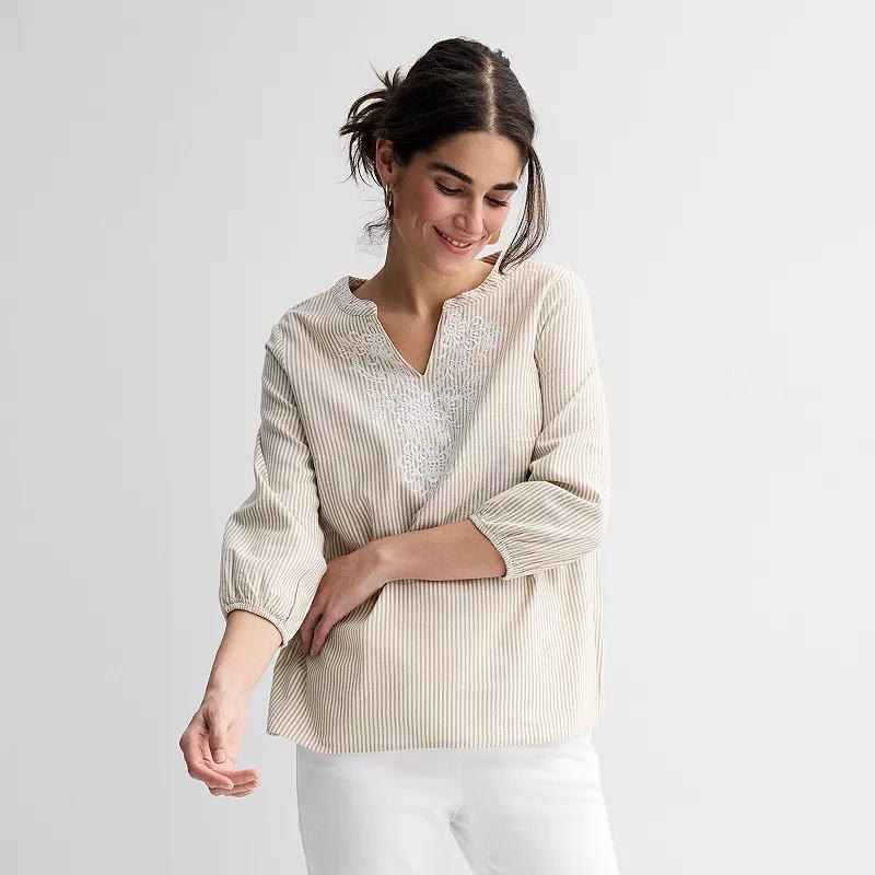 Women's Croft & Barrow® Three Quarter Sleeve Embroidered Blouse, Size: Small, Blue Micro Stripe Product Image