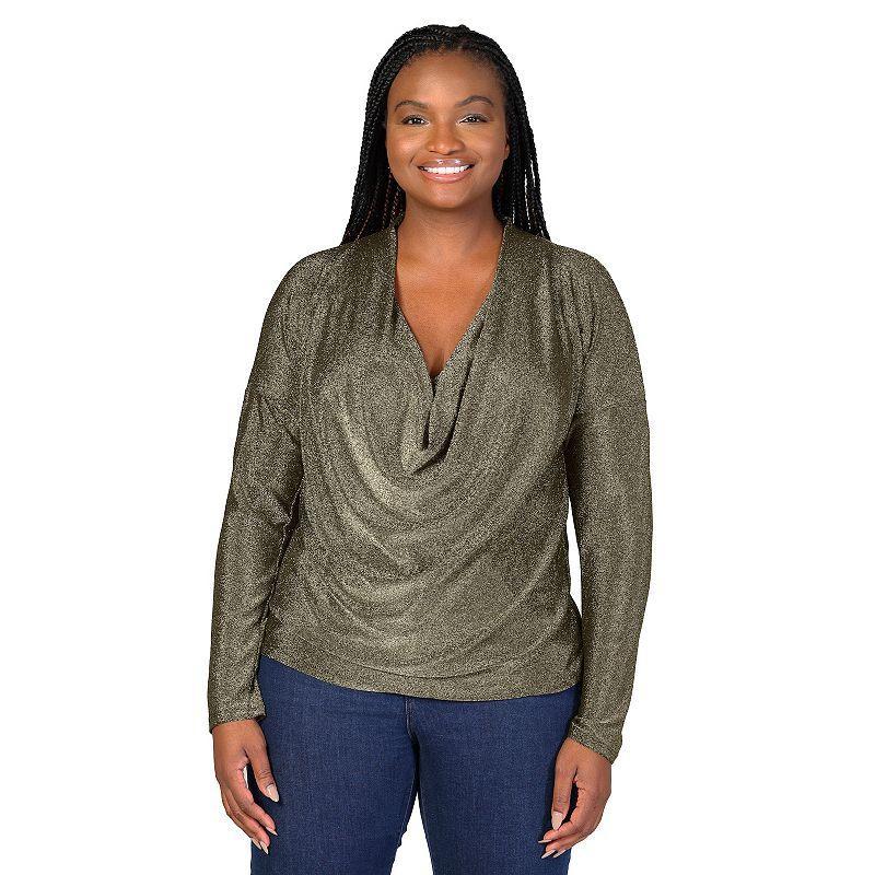 Plus Size 24Seven Comfort Apparel Shimmery Cowlneck Long Sleeve Tunic Top, Womens Product Image