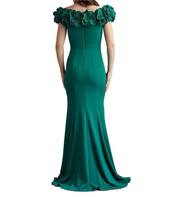 Tadashi Shoji Off the Shoulder 3D Rosette Pleated Bodice Crepe Aline Gown Product Image
