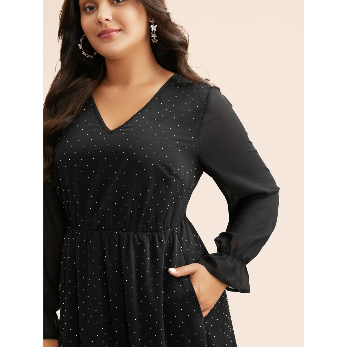 Plus Size V Neck Rhinestone Patchwork Ruffles Dress Pureblack Women Cocktail Rhinestone detailing Party Curvy Bloomchic 12/L Product Image