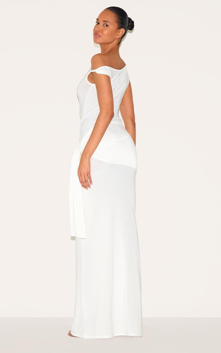 Cream Slinky Off Shoulder Wrap Detail Maxi Dress Product Image