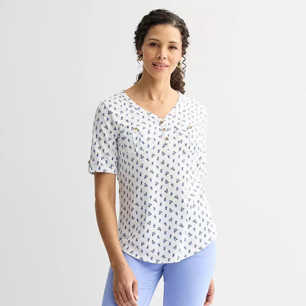 Women's Croft & Barrow® Elbow Sleeve Utility Henley Top, Size: Medium, Blue Micro Floral Product Image