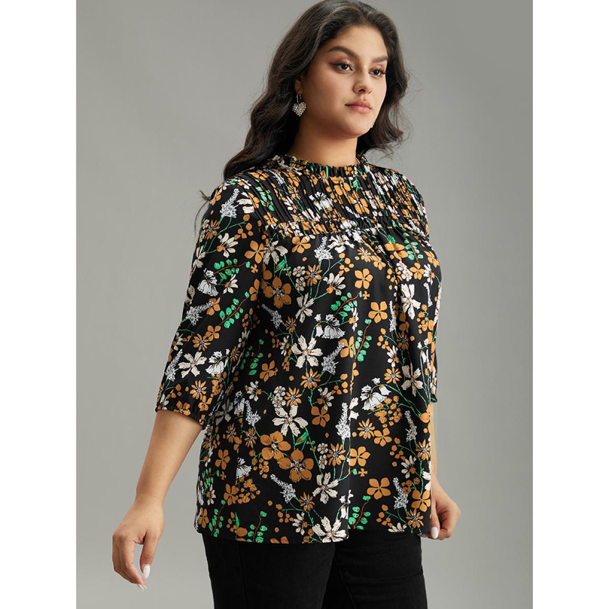 Plus Size Black Floral Print Frill Trim Cut Out Blouse Women Elegant Elbow-length sleeve Round Neck Everyday Blouses BloomChic 28/5X Product Image