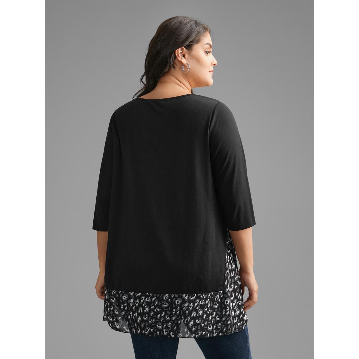 Plus Size Crew Neck Leopard Print Patchwork T-shirt Black Women Elegant Patchwork Round Neck Everyday T-shirts BloomChic 12/L Product Image