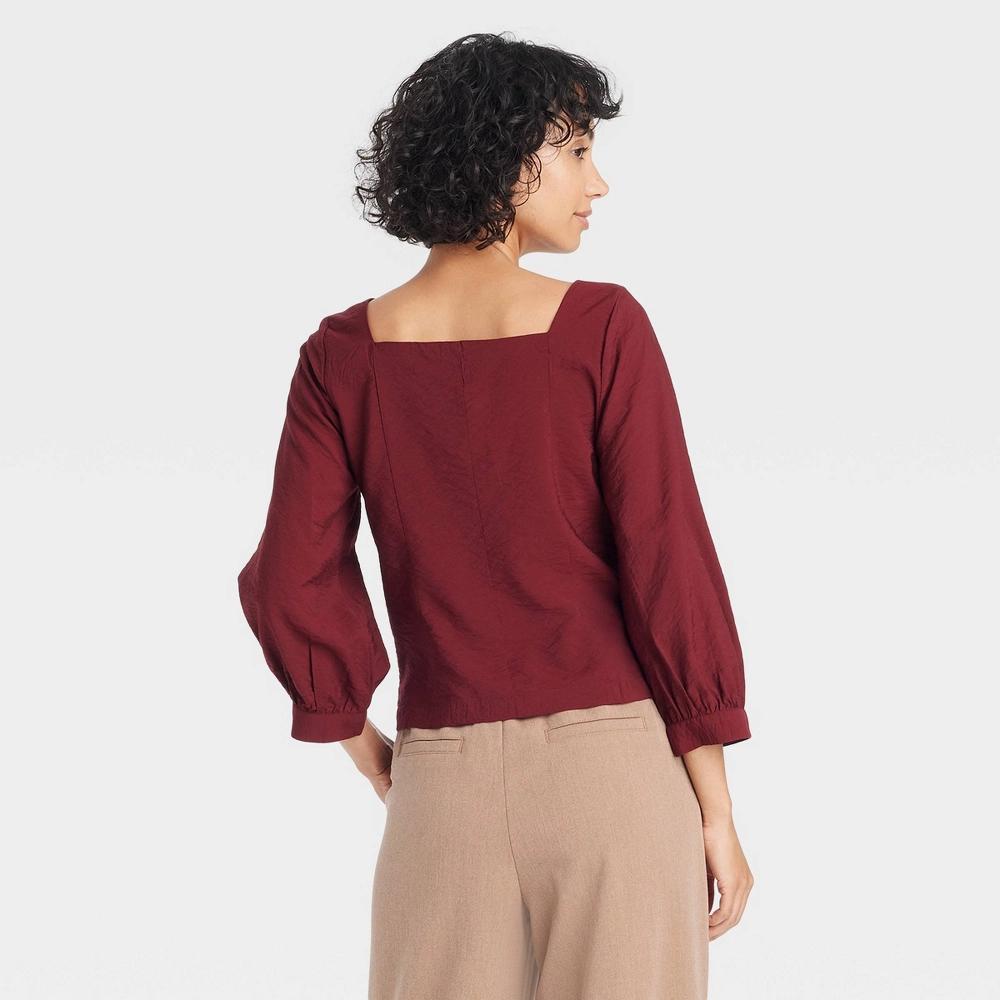 Womens Balloon 3/4 Sleeve Square Neck Blouse - A New Day Burgundy XS Product Image