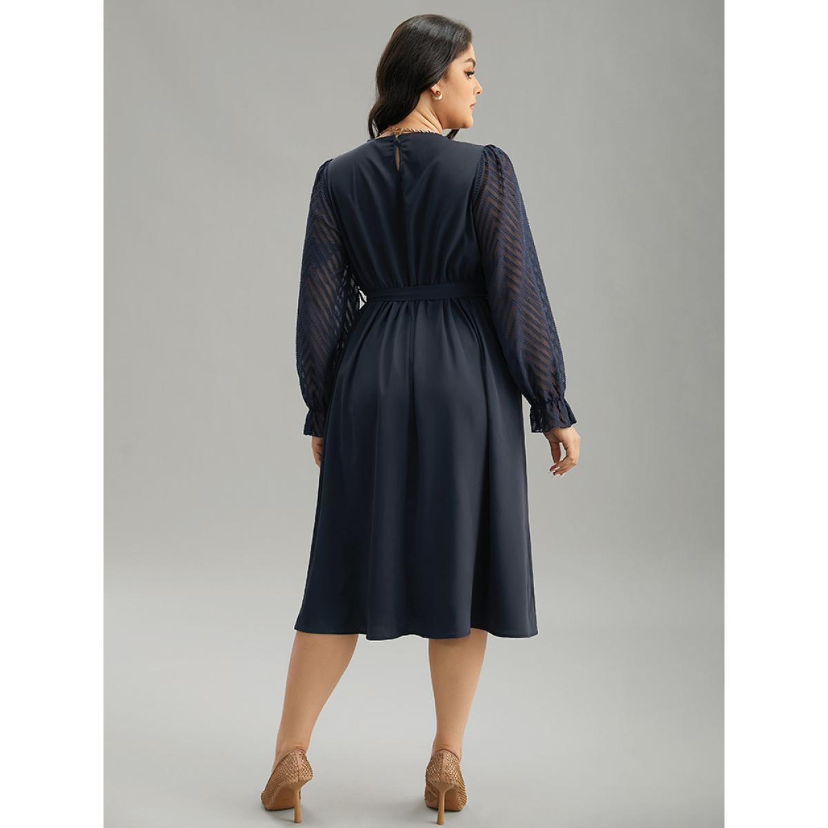Plus Size Twill Mesh Patchwork Belted Plicated Detail Dress DarkBlue Women Elegant Texture Mock Neck Long Sleeve Curvy Midi Dress BloomChic 18-20/2X Product Image
