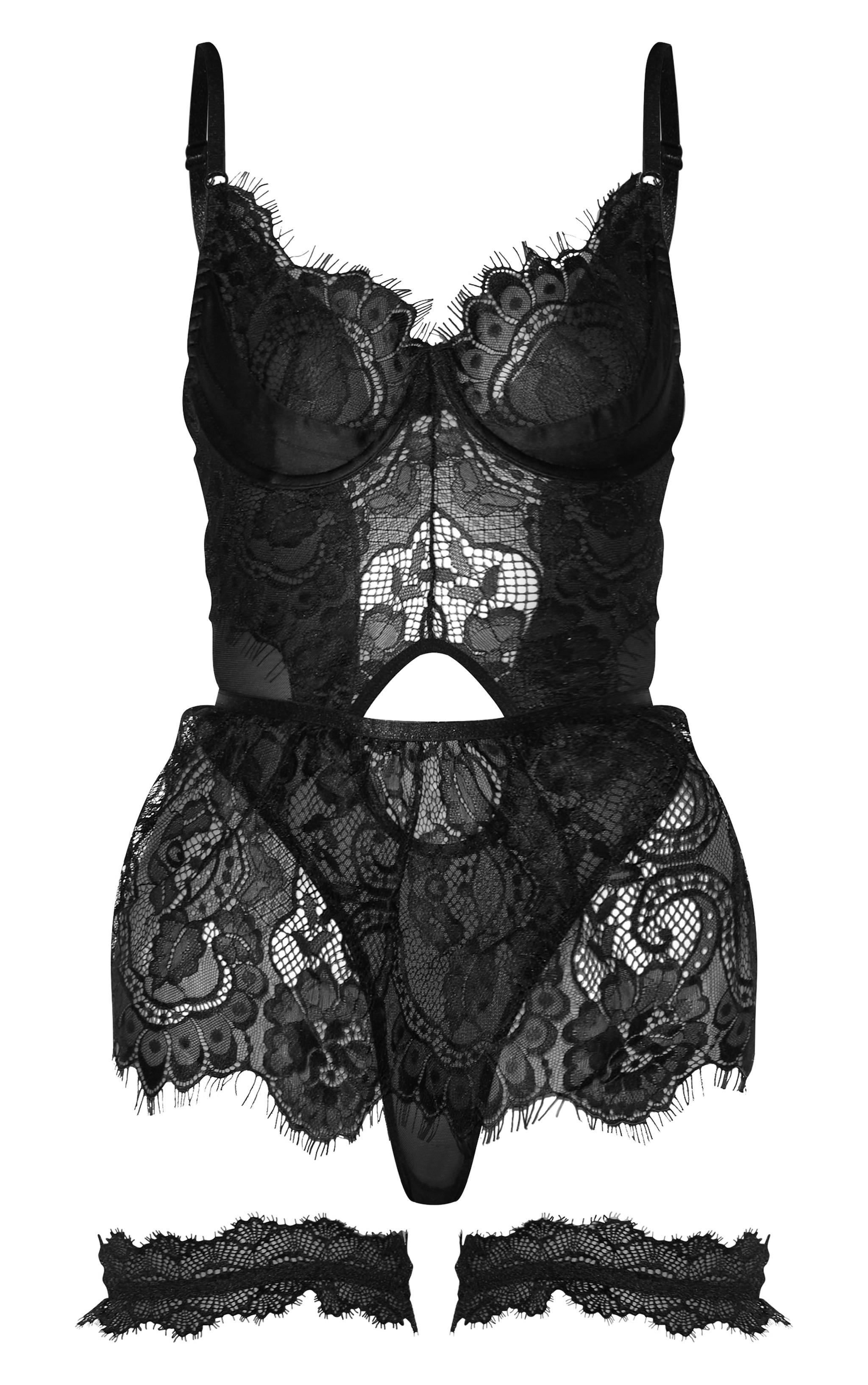 Black Lace Skirt Detail Bodysuit and Garter Lingerie Set Product Image