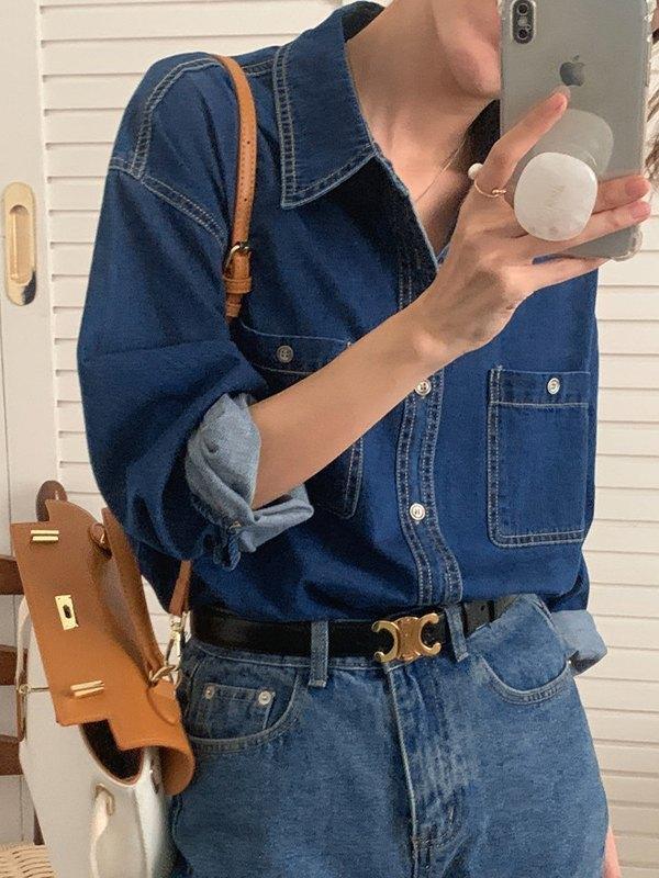 Button Down Denim Long Sleeve Blouse Product Image