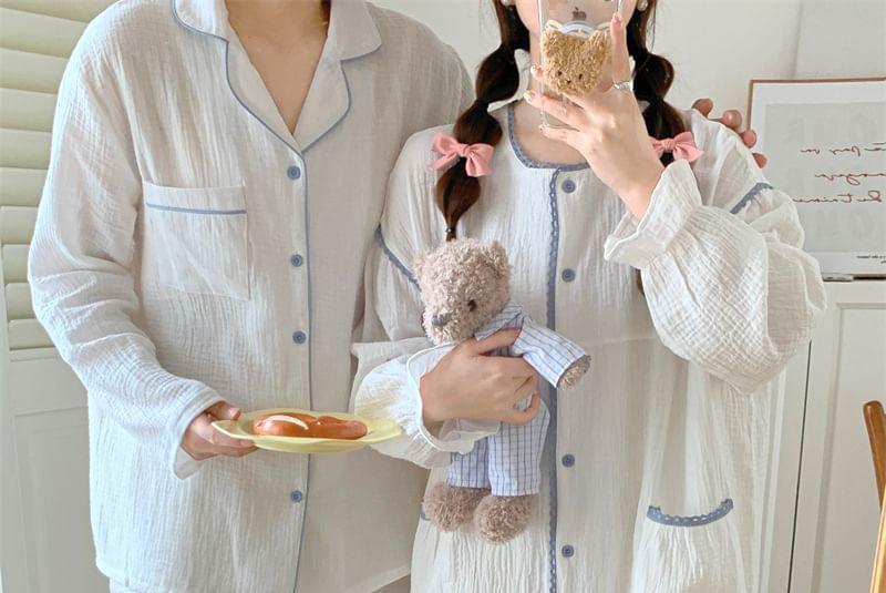 Couple Matching Long Sleeve Contrast Trim Button Pajama Top / Straight Leg Pants / Pajama Dress / Set (Various Designs) Product Image