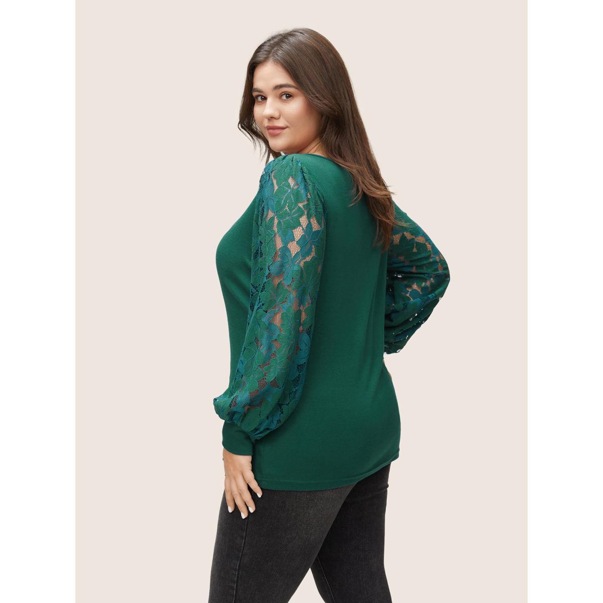 Plus Size Solid Plants Guipure Lace Gathered T-shirt DarkGreen Women Elegant Plain Plain Round Neck Dailywear T-shirts BloomChic 18-20/2X Product Image