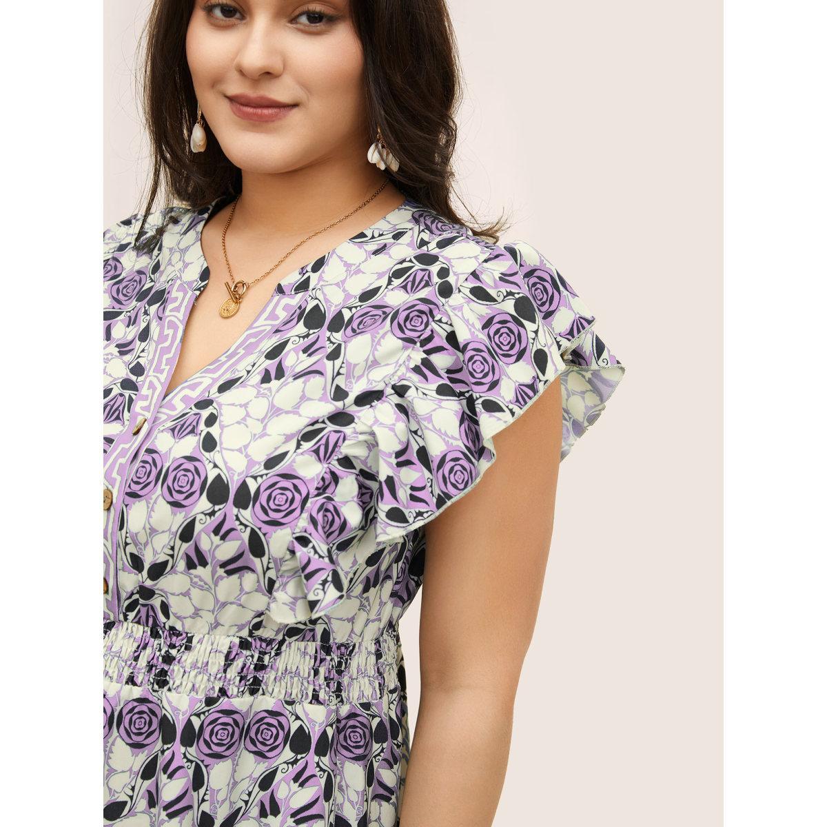 Plus Size Boho Print Ruffles Shirred Pocket Elastic Waist Dress Lilac Women Resort Non Notched collar Cap Sleeve Curvy Midi Dress BloomChic 14-16/1X Product Image