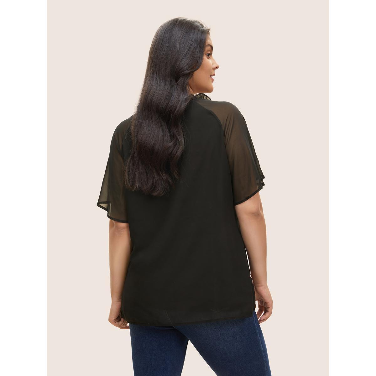 Plus Size Black Boho Print Mesh Patchwork Frill Trim Blouse Women Elegant Short sleeve V-neck Everyday Blouses BloomChic 12/L Product Image