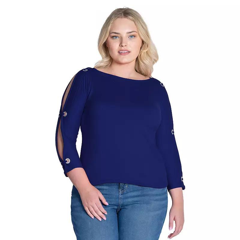 Plus Size 24Seven Comfort Apparel Boatneck 3/4-Sleeve Grommet Detailed Top, Women's, Size: 3XL, Red Product Image