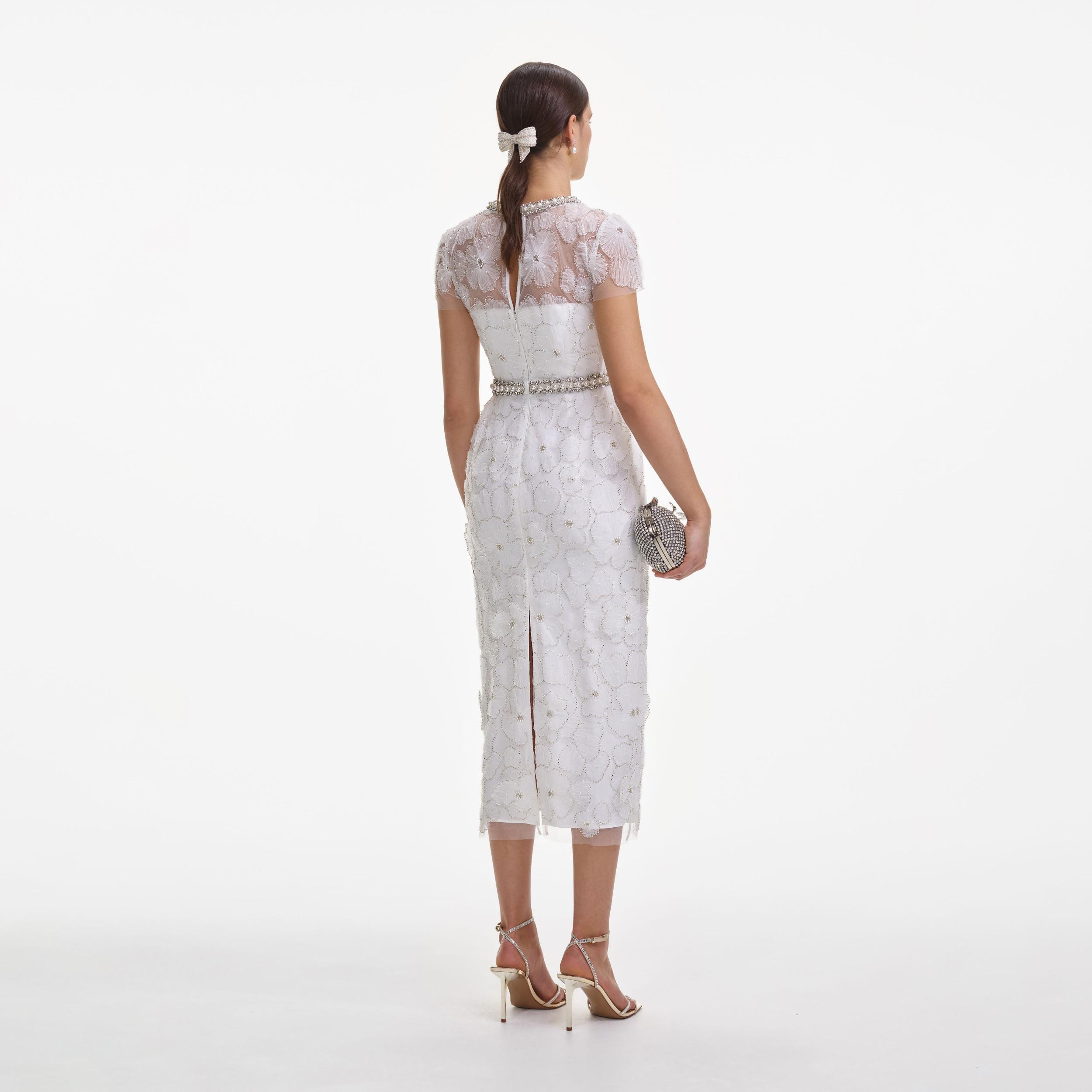 White Embellished Tulle Midi Dress Product Image