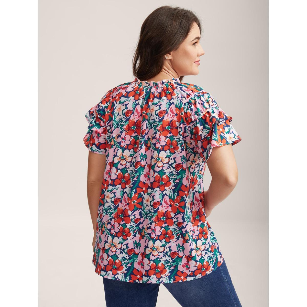 Plus Size Multicolor Groovy Floral Print Ruffled Layered Sleeve Blouse Women Short sleeve Round Neck Everyday-Casual Blouses BloomChic 10/M Product Image