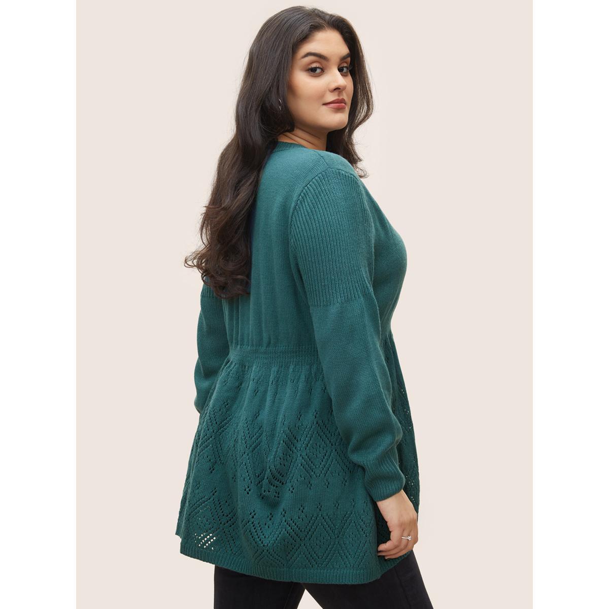 Plus Size Solid Hollow Out Elastic Waist Knit Pullover Teal Women Casual Long Sleeve Round Neck Everyday Pullovers BloomChic 22-24/3X Product Image