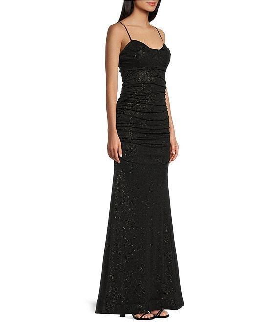 Honey and Rosie Glitter Drape Neck Adjustable Strap Shirred Gown Product Image