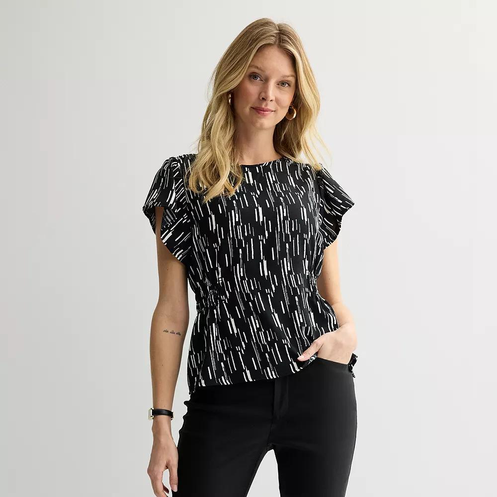 Women's Nine West Cinched Flutter Sleeve Blouse, Size: XXL, Black Bolder Stripes Product Image