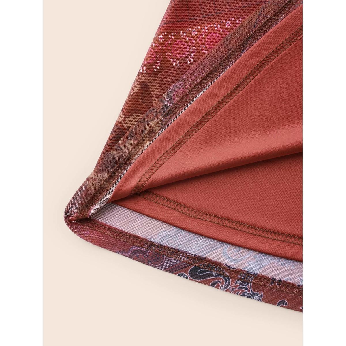 Plus Size Boho Print Belted Mesh Midi Dress Russet Women Elegant See through V-neck Long Sleeve Curvy BloomChic 14-16/1X Product Image