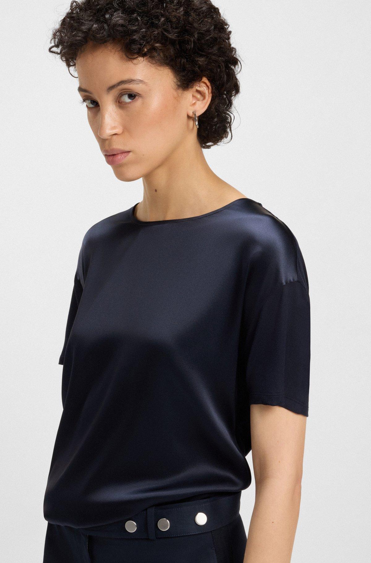 BOSS - Regular-fit jersey top with stretch-silk front - Dark Blue Product Image