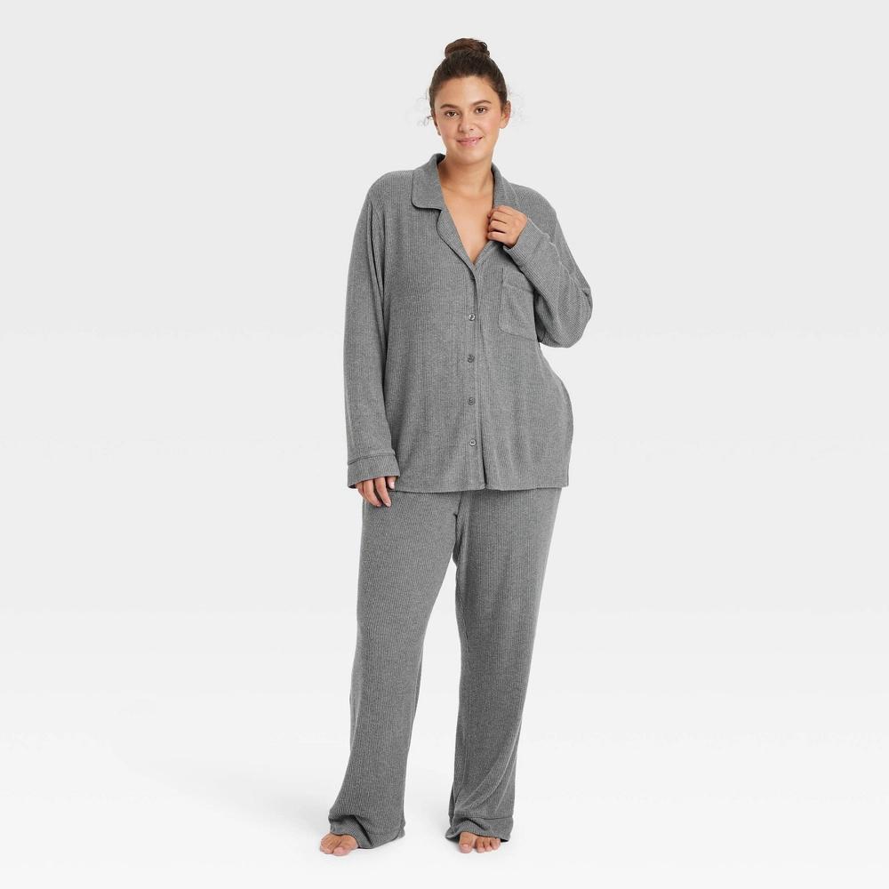 Women's Cozy Ribbed Long Sleeve Notch Collar Shirt and Pants Pajama Set - Auden™ Dark Gray 2X Product Image