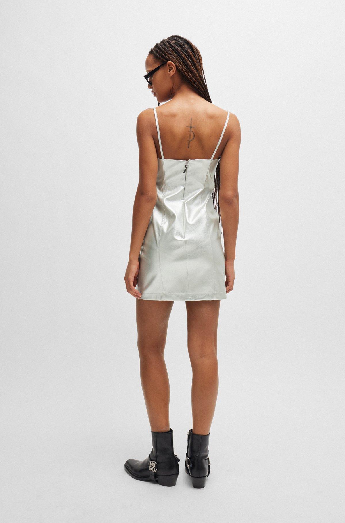 Metallic faux-leather mini dress with notch neckline Product Image