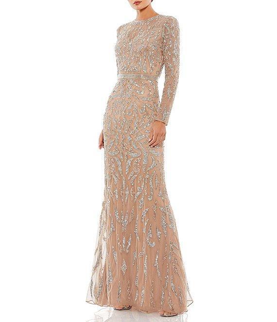 Mac Duggal Long Sleeve Sequin Crew Neck Fully Lined Sheath Gown Product Image