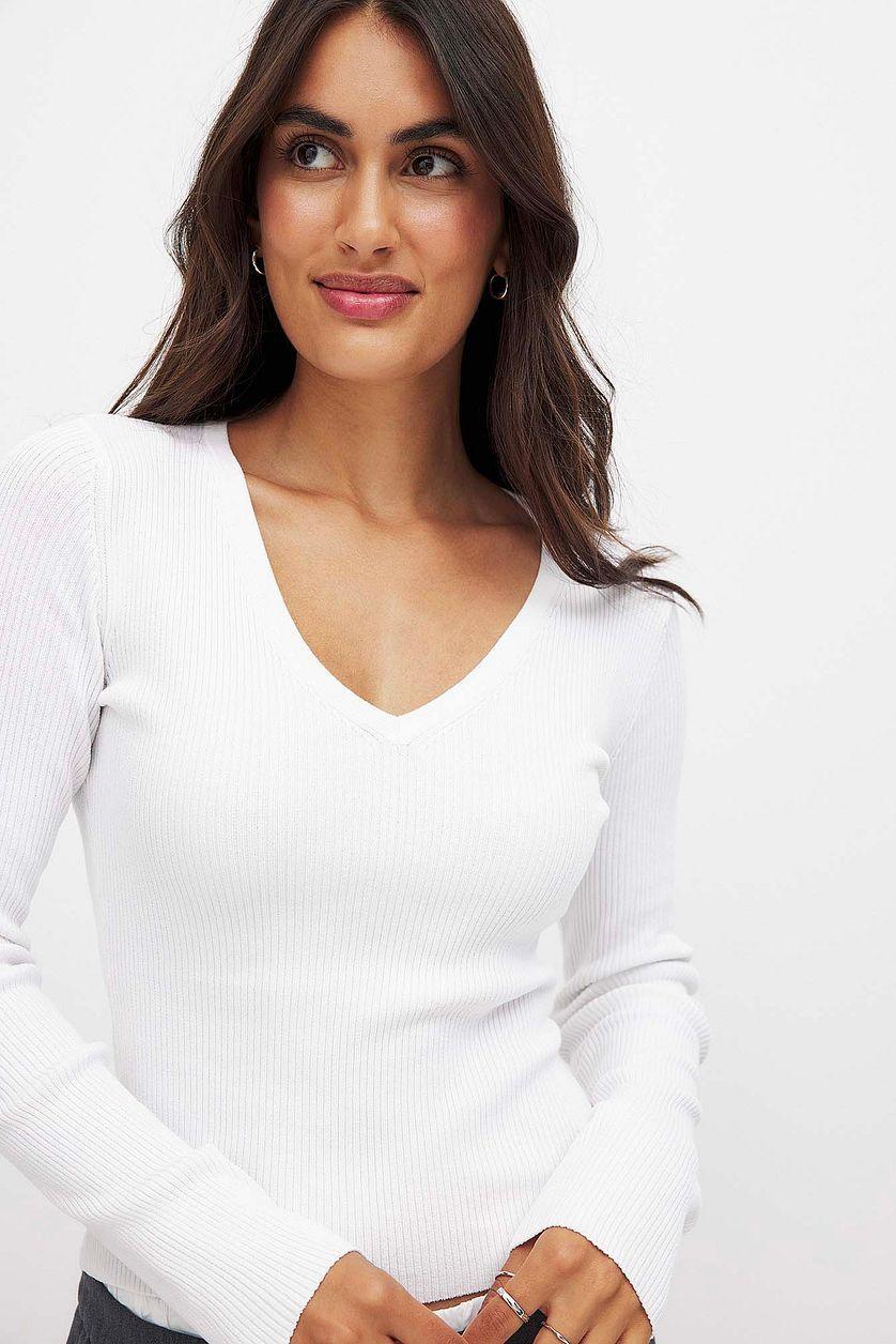 Ribbed Knitted V-Neck Top Product Image