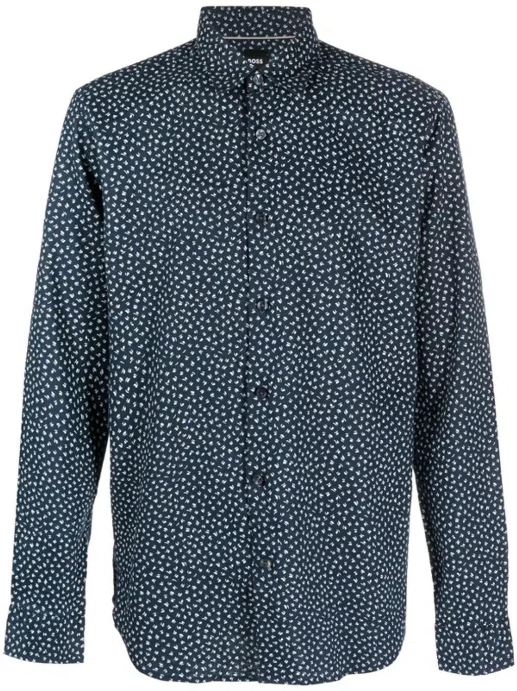 HUGO BOSS Abstract-print Linen Shirt In Blau Product Image