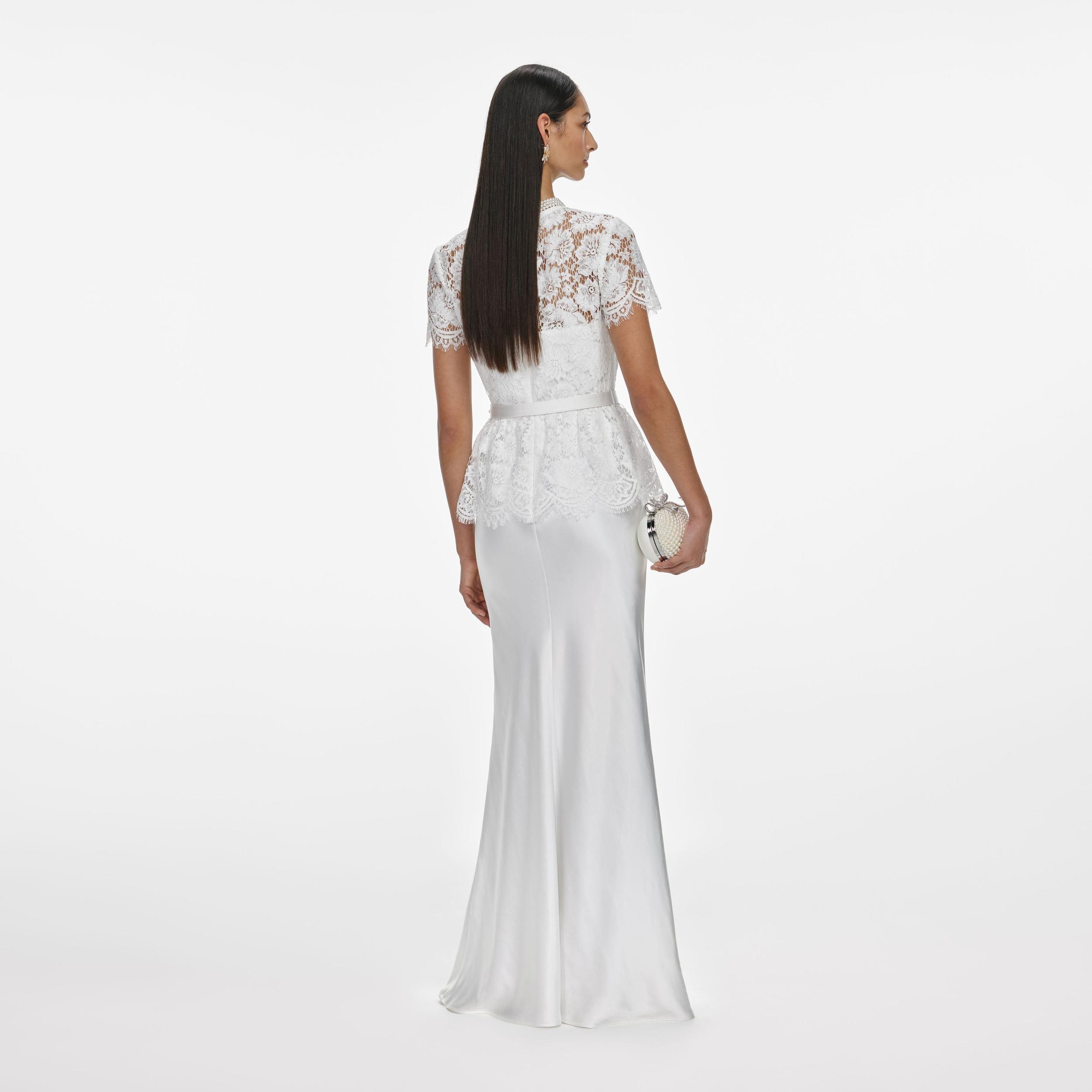 White Lace Satin Maxi Dress Product Image