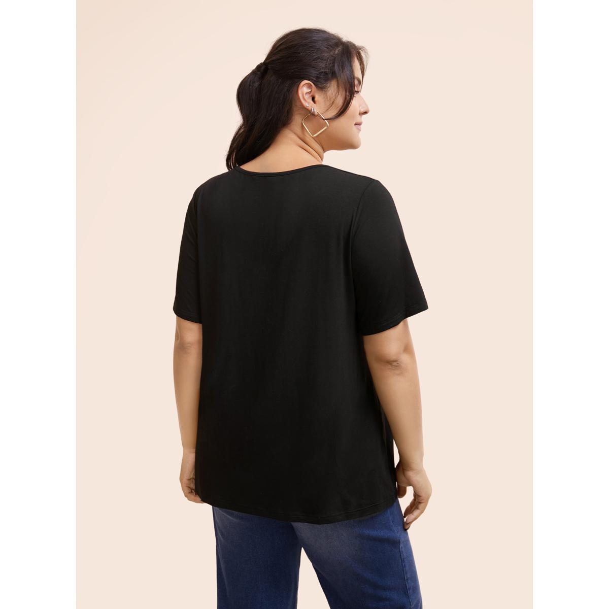 Plus Size Plain V Neck Button Detail Flutter Sleeve T-shirt Black Women Casual Plain Plain V-neck Dailywear T-shirts BloomChic 30/6X Product Image