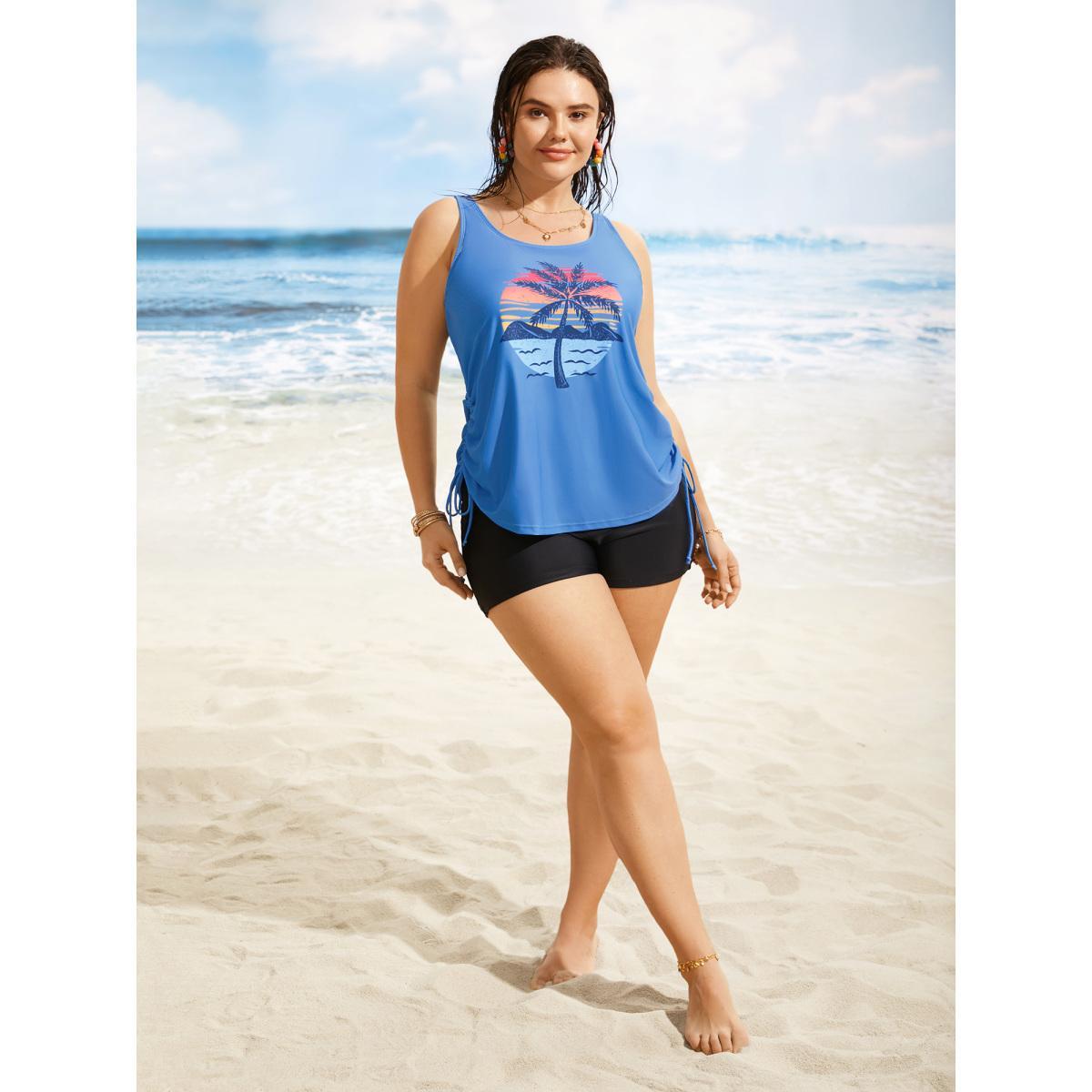 Plus Size Island Print Drawstring Adjustable Swim Top Women's Swimwear Skyblue Resort Contrast High stretch Loose U-neck Curve Swim Tops BloomChic 30/6X Product Image