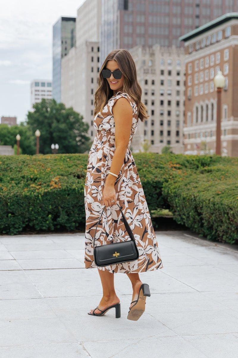 Brown Floral Zip Up Midi Dress - FINAL SALE Product Image