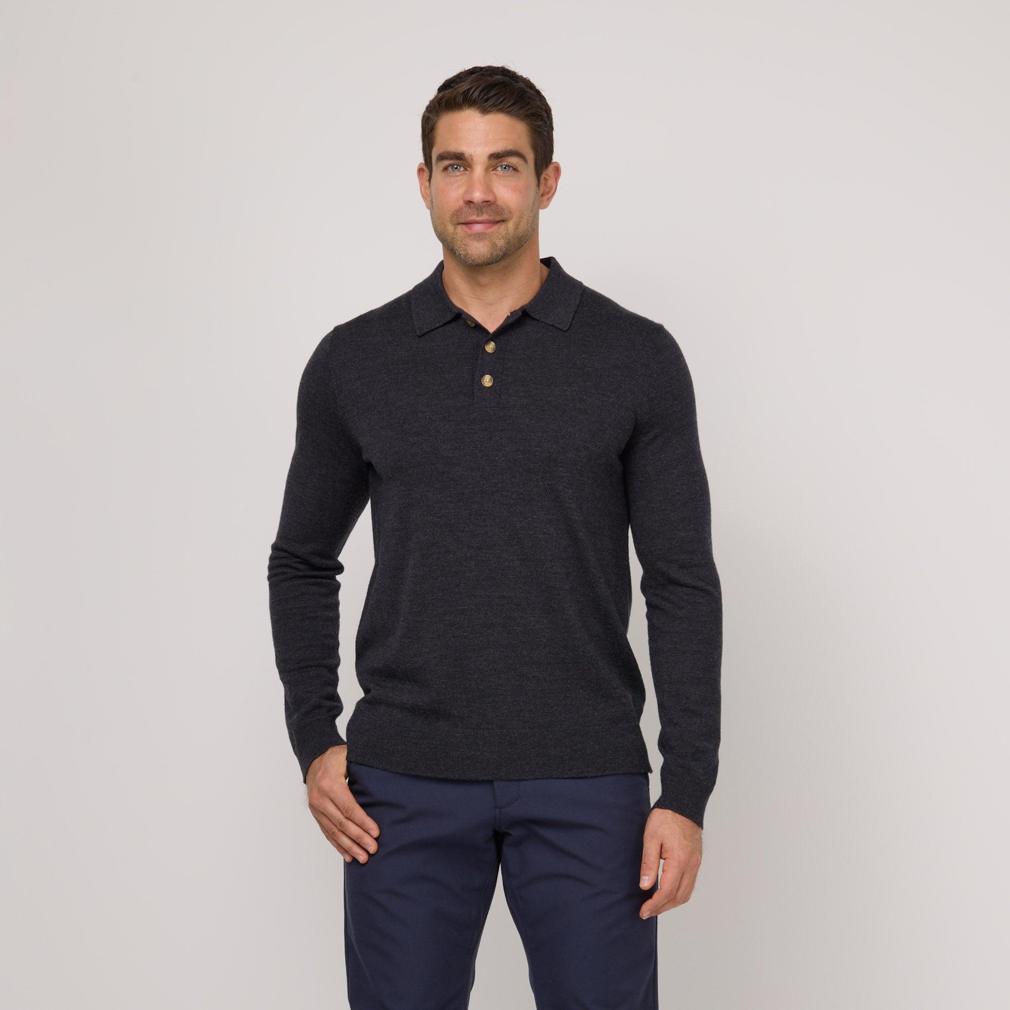 Merino Wool Long Sleeve Polo | Dark Charcoal Heather Product Image