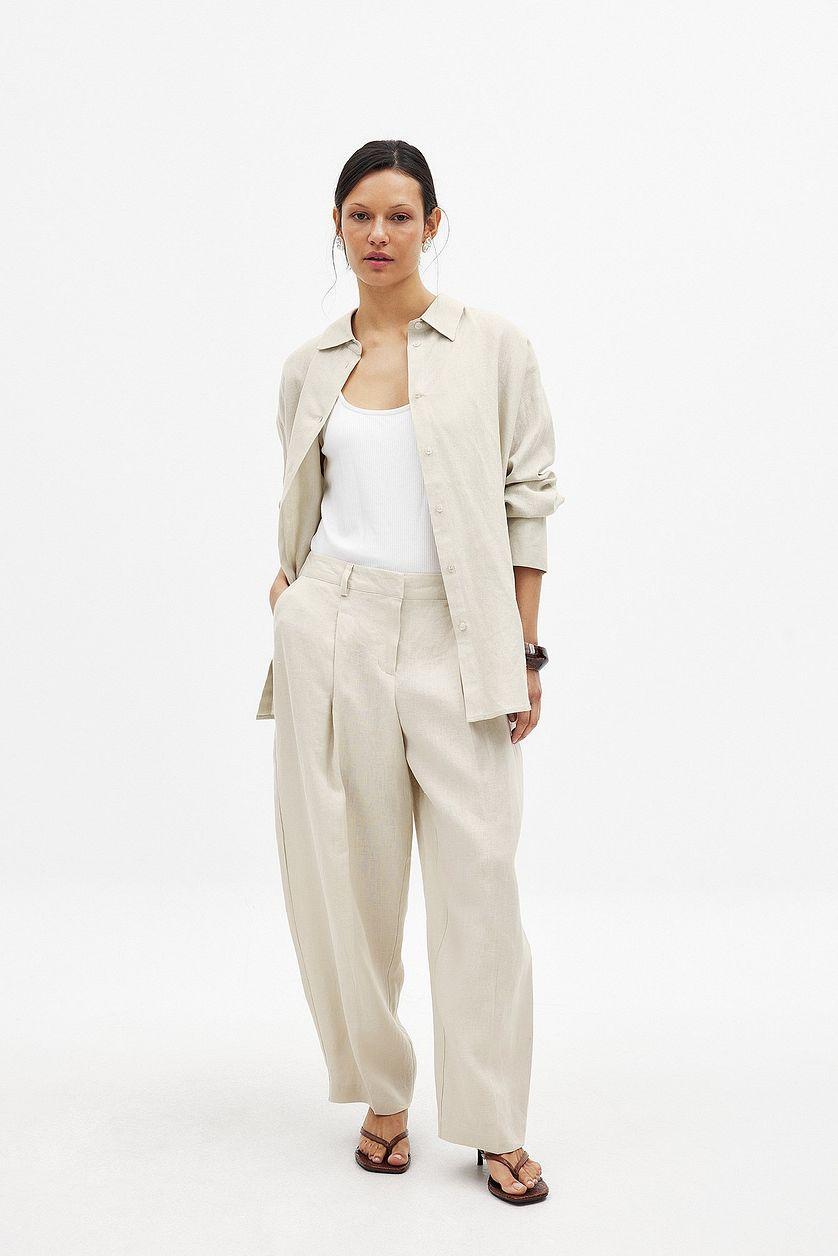 Tapered Linen Mid Waist Trousers Product Image